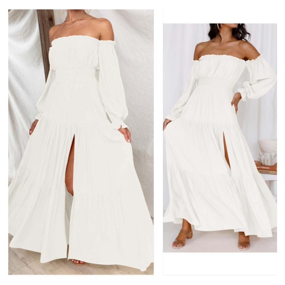 Off Shoulder Long Sleeve Smocked High Waist Side Split Flowy Long Maxi dress
